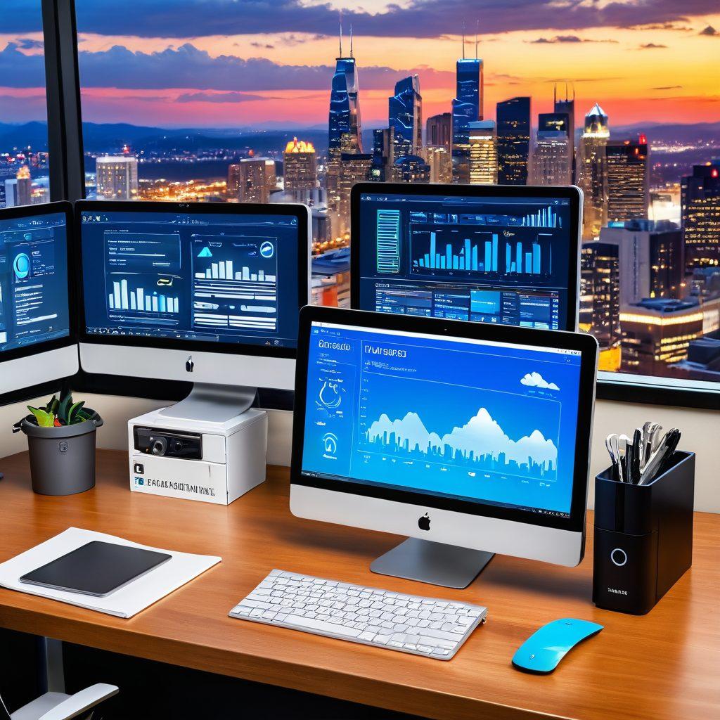 A sleek, modern office desk with a high-tech computer setup displaying web service dashboards, surrounded by icons of e-commerce, cloud computing, and IT support. Include elements like a coffee cup, notepad, and a cozy yet professional atmosphere with a city skyline in the background. The scene should convey efficiency, productivity, and cutting-edge technology. super-realistic. vibrant colors.