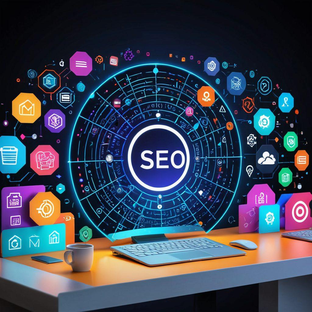 A dynamic digital landscape showcasing interconnected web services and solutions; diverse icons representing SEO, content creation, web design, and e-commerce orbiting around a central glowing web. Flashes of binary code and vibrant data streams enhance the sense of digital synergy. Sleek, modern design with MT Desk logo subtly in the background. 3D. vibrant colors.