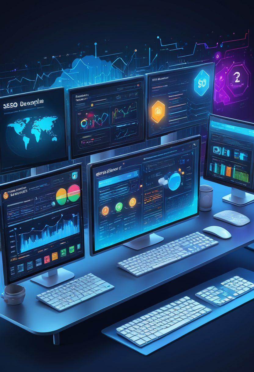 An intricately designed digital landscape showcasing SEO analytics, a sleek server hosting setup, and a vibrant web design on a computer screen. The elements should blend seamlessly to represent a unified digital ecosystem. Include icons for SEO, web hosting, and design tools floating around the primary setup. super-realistic. vibrant colors.